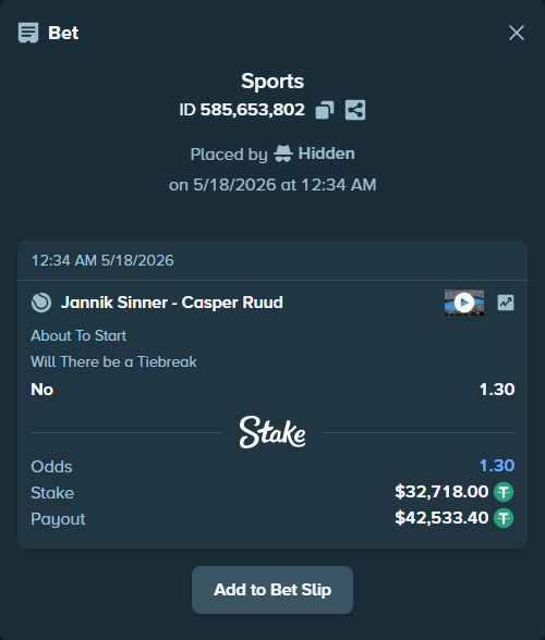 Bet slip: Jannik Sinner - Casper Ruud, $32,718.00 stake at 1.30 odds, placed by Hidden