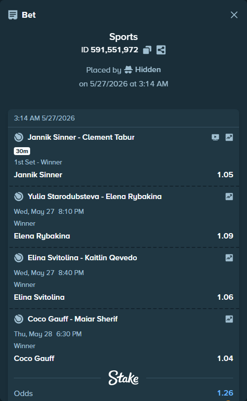 Bet slip: Jannik Sinner - Clement Tabur, $9,829.03 stake at 1.05 odds, placed by Hidden