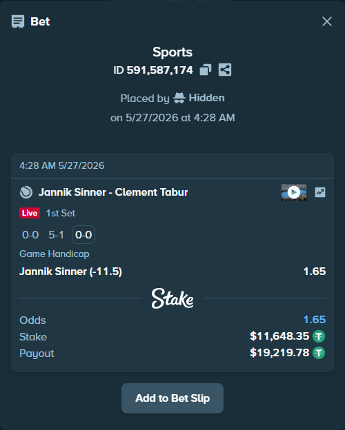 Bet slip: Jannik Sinner - Clement Tabur, $11,660.00 stake at 1.65 odds, placed by Hidden