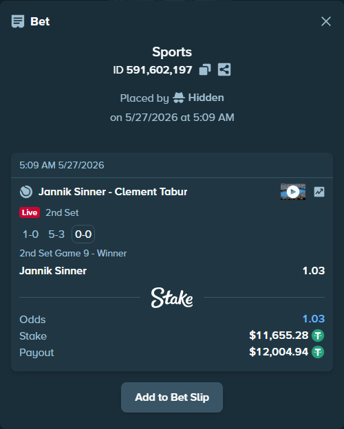Bet slip: Jannik Sinner - Clement Tabur, $11,666.93 stake at 1.03 odds, placed by Hidden