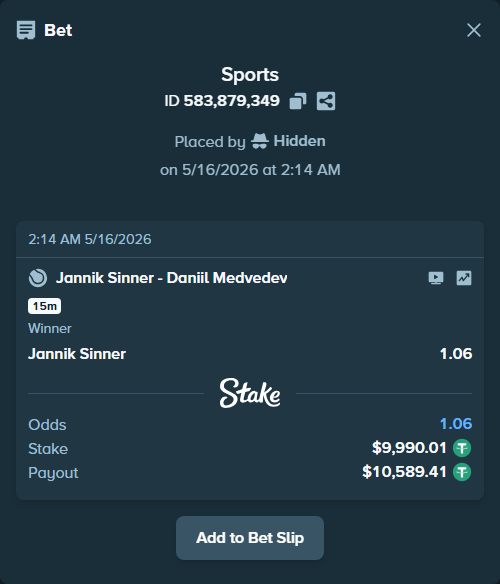 Bet slip: Jannik Sinner - Daniil Medvedev, $10,000.00 stake at 1.06 odds, placed by Hidden