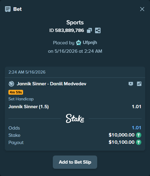 Bet slip: Jannik Sinner - Daniil Medvedev, $10,000.00 stake at 1.01 odds, placed by Ufpnjh