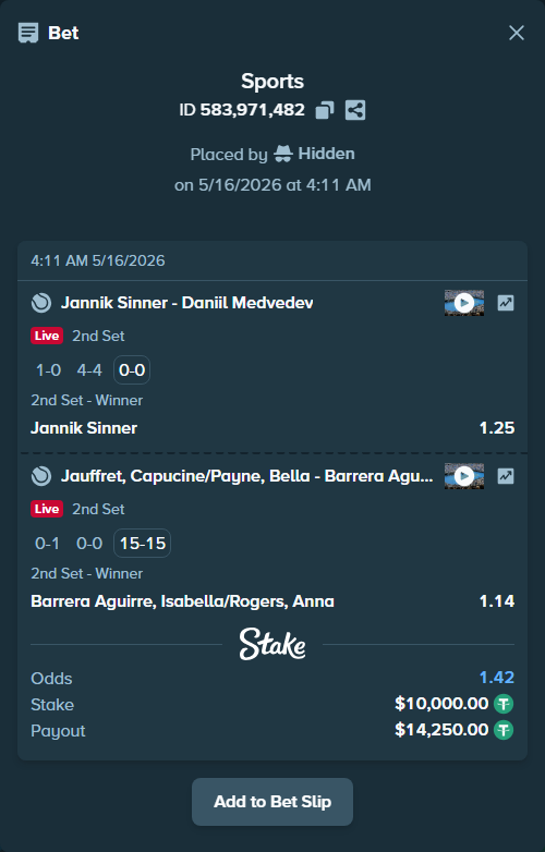 Bet slip: Jannik Sinner - Daniil Medvedev, $10,010.00 stake at 1.25 odds, placed by Hidden