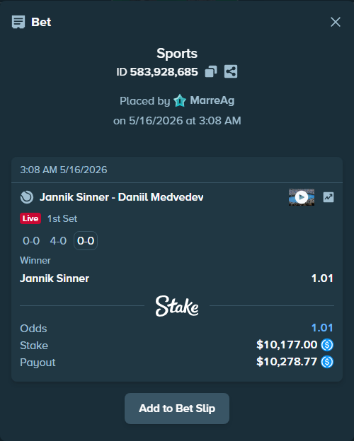 Bet slip: Jannik Sinner - Daniil Medvedev, $10,177.00 stake at 1.01 odds, placed by MarreAg
