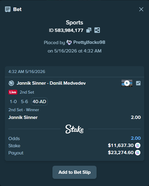 Bet slip: Jannik Sinner - Daniil Medvedev, $9,470.73 stake at 2.00 odds, placed by Prettylfacko98