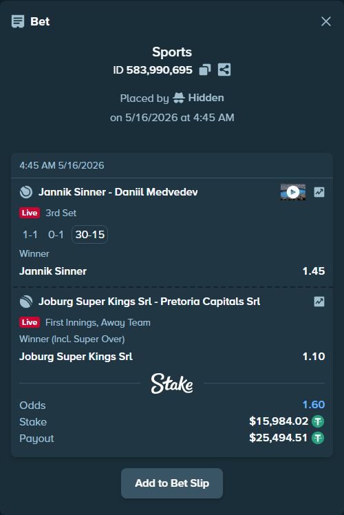 Bet slip: Jannik Sinner - Daniil Medvedev, $16,000.00 stake at 1.45 odds, placed by Hidden