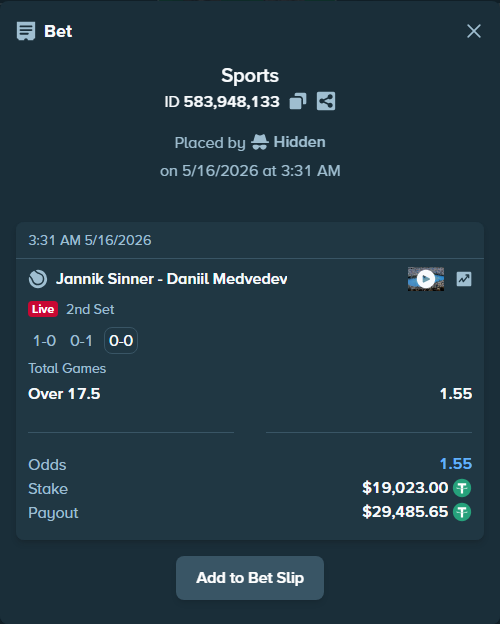 Bet slip: Jannik Sinner - Daniil Medvedev, $19,023.00 stake at 1.55 odds, placed by Kriski99