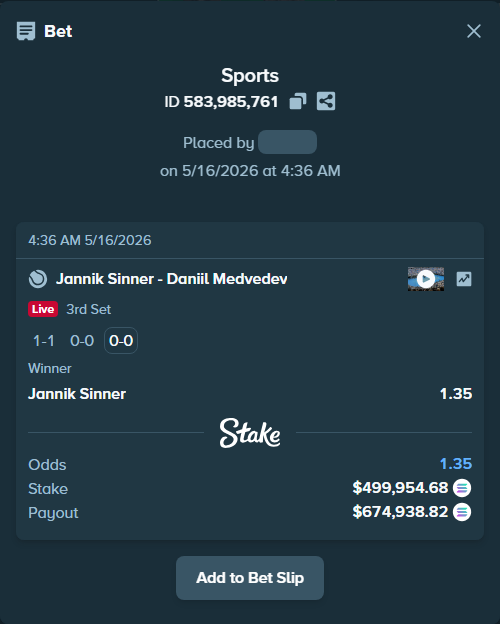 Bet slip: Jannik Sinner - Daniil Medvedev, $406,875.92 stake at 1.35 odds, placed by Prettylfacko98