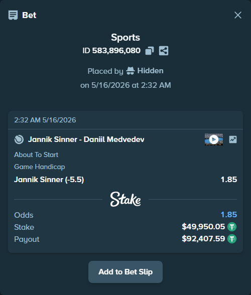Bet slip: Jannik Sinner - Daniil Medvedev, $50,000.00 stake at 1.85 odds, placed by Hidden