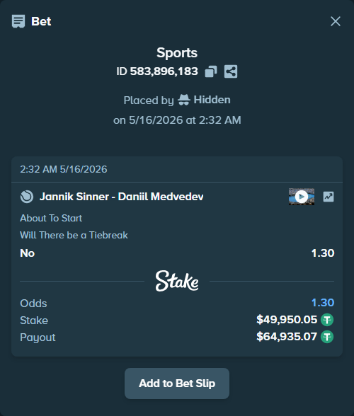Bet slip: Jannik Sinner - Daniil Medvedev, $50,000.00 stake at 1.30 odds, placed by Hidden