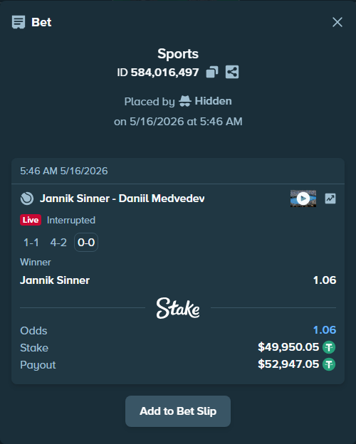 Bet slip: Jannik Sinner - Daniil Medvedev, $50,000.00 stake at 1.06 odds, placed by Hidden