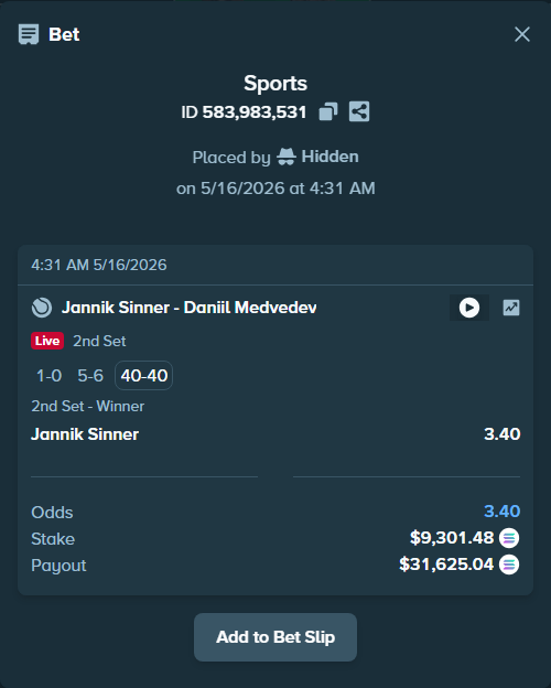 Bet slip: Jannik Sinner - Daniil Medvedev, $7,576.59 stake at 3.40 odds, placed by Prettylfacko98