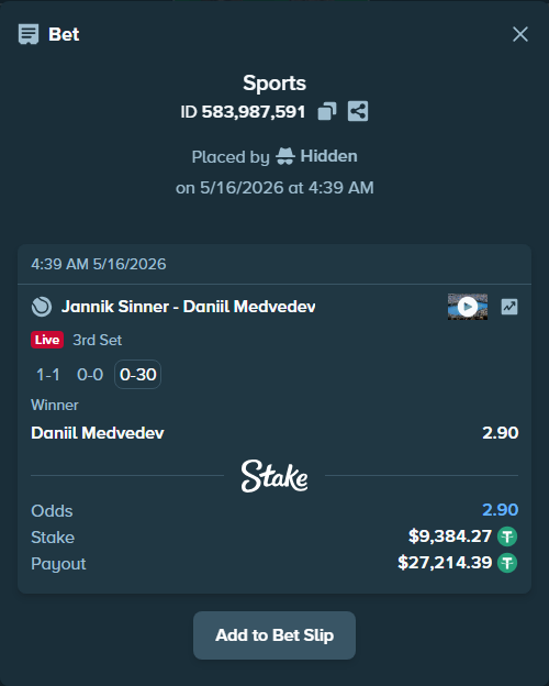 Bet slip: Jannik Sinner - Daniil Medvedev, $9,393.66 stake at 2.90 odds, placed by Hidden