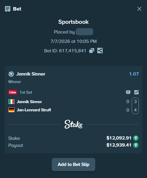 Bet slip: Jannik Sinner - Jan-Lennard Struff, $12,105.00 stake at 1.07 odds, placed by zza121611