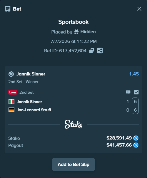 Bet slip: Jannik Sinner - Jan-Lennard Struff, $28,591.49 stake at 1.45 odds, placed by Hidden