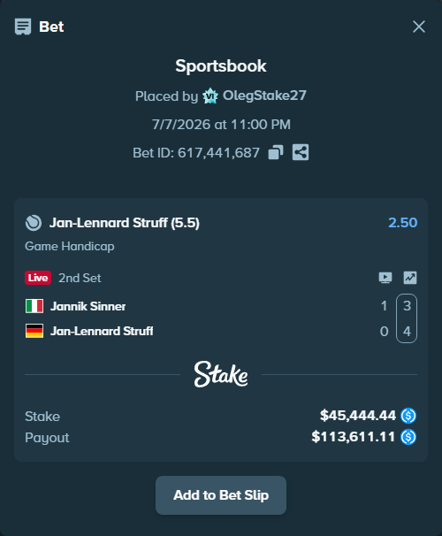 Bet slip: Jannik Sinner - Jan-Lennard Struff, $45,444.44 stake at 2.50 odds, placed by OlegStake27