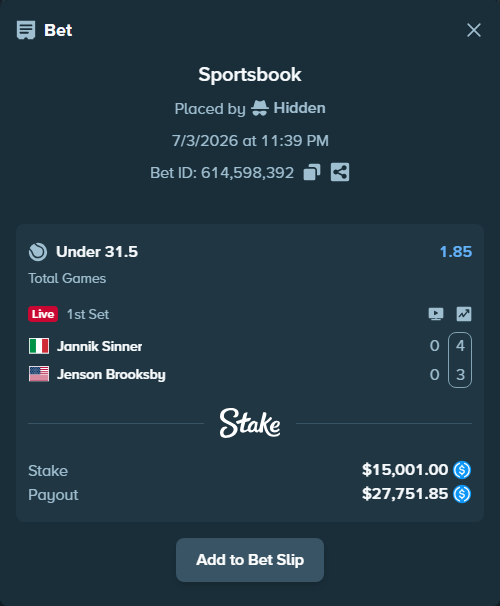 Bet slip: Jannik Sinner - Jenson Brooksby, $15,001.00 stake at 1.85 odds, placed by Hidden