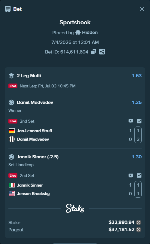 Bet slip: Jannik Sinner - Jenson Brooksby, $24,192.68 stake at 1.30 odds, placed by Hidden