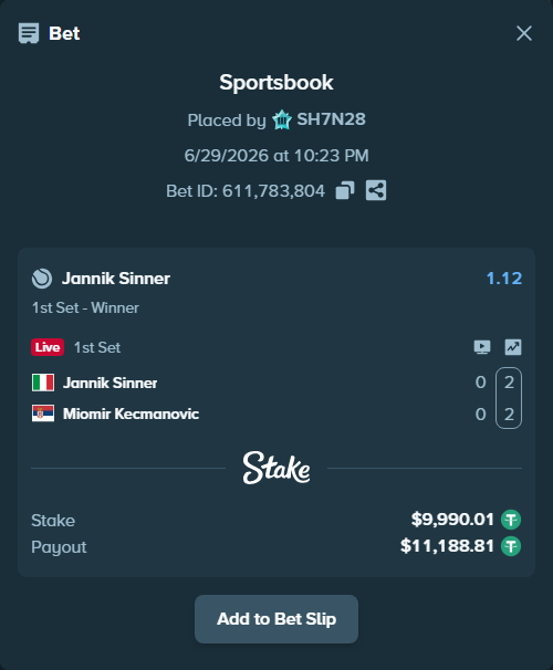 Bet slip: Jannik Sinner - Miomir Kecmanovic, $10,000.00 stake at 1.12 odds, placed by SH7N28