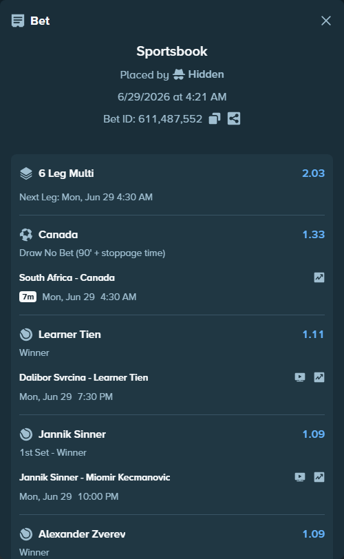 Bet slip: Jannik Sinner - Miomir Kecmanovic, $14,796.07 stake at 1.09 odds, placed by Hidden