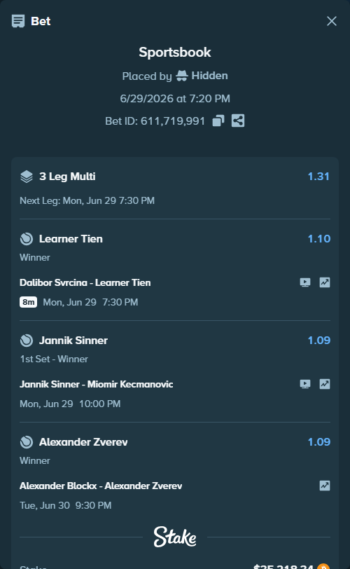 Bet slip: Jannik Sinner - Miomir Kecmanovic, $36,710.09 stake at 1.09 odds, placed by Hidden