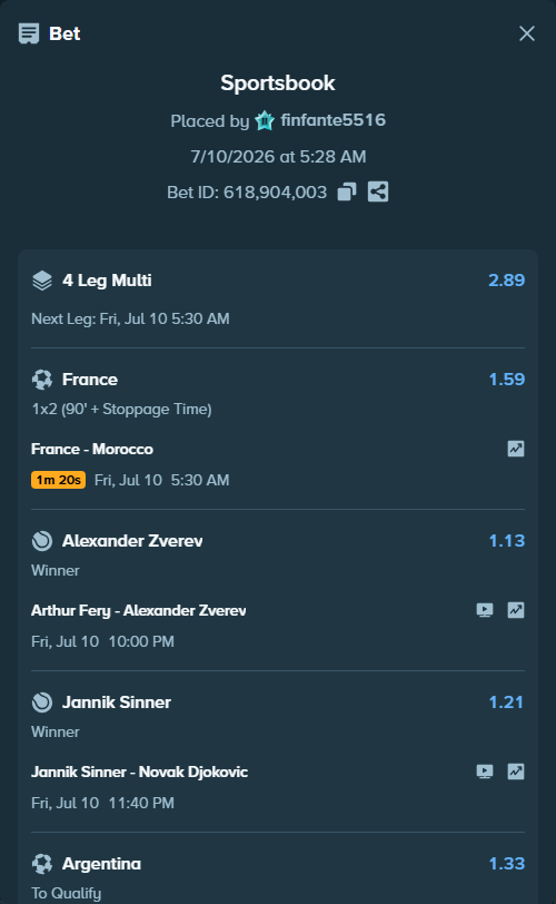 Bet slip: Jannik Sinner - Novak Djokovic, $10,000.00 stake at 1.21 odds, placed by finfante5516