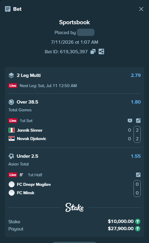 Bet slip: Jannik Sinner - Novak Djokovic, $10,010.00 stake at 1.80 odds, placed by AsTraL11