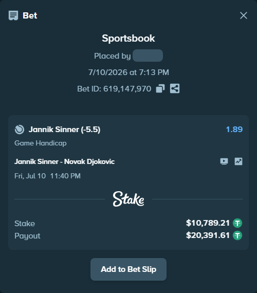Bet slip: Jannik Sinner - Novak Djokovic, $10,800.00 stake at 1.89 odds, placed by zhanjinkun