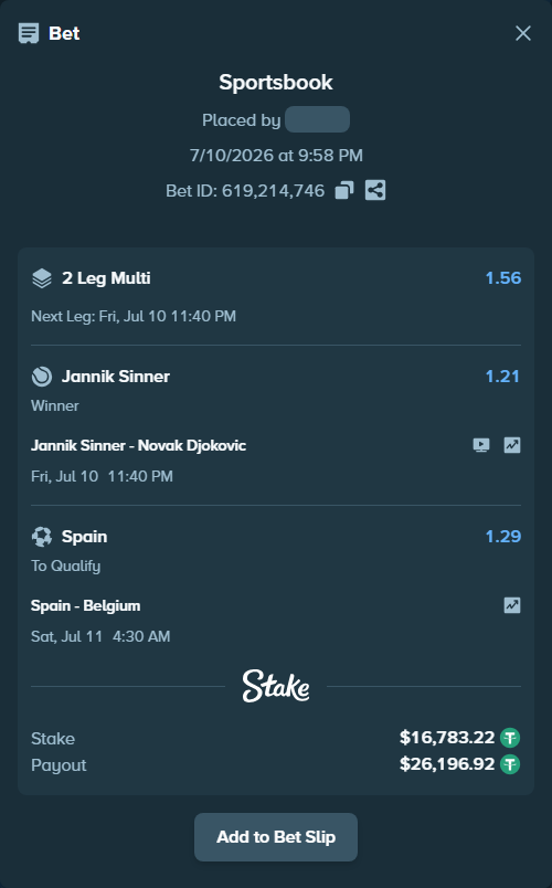 Bet slip: Jannik Sinner - Novak Djokovic, $16,800.00 stake at 1.21 odds, placed by Tohamal666