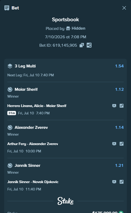 Bet slip: Jannik Sinner - Novak Djokovic, $175,175.00 stake at 1.21 odds, placed by Hidden