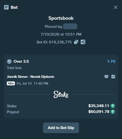 Bet slip: Jannik Sinner - Novak Djokovic, $35,383.45 stake at 1.70 odds, placed by theoutlaw