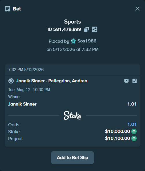 Bet slip: Jannik Sinner - Pellegrino, Andrea, $10,000.00 stake at 1.01 odds, placed by Sos1986