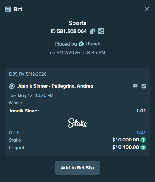 Bet slip: Jannik Sinner - Pellegrino, Andrea, $10,000.00 stake at 1.01 odds, placed by Ufpnjh