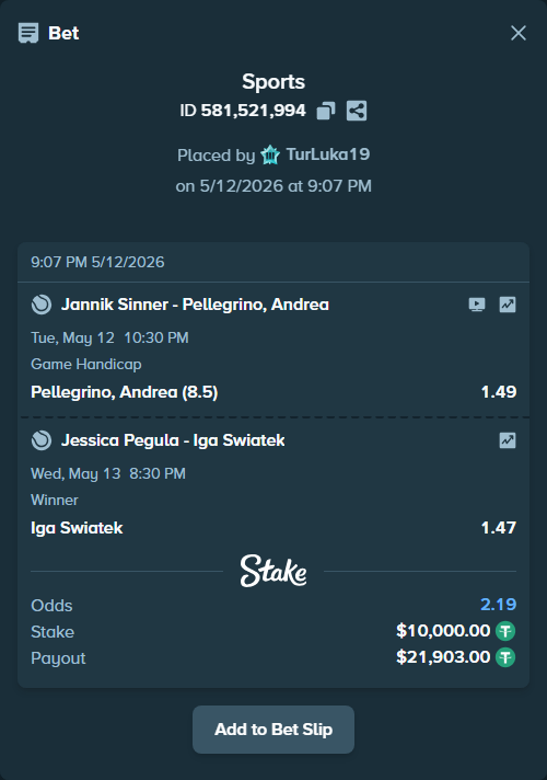 Bet slip: Jannik Sinner - Pellegrino, Andrea, $10,000.00 stake at 1.49 odds, placed by TurLuka19
