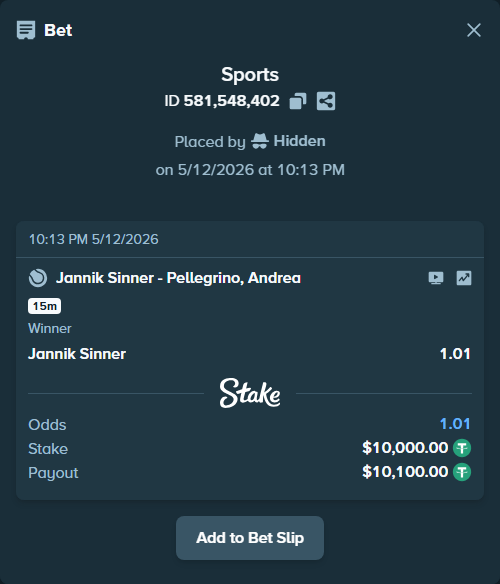 Bet slip: Jannik Sinner - Pellegrino, Andrea, $10,000.00 stake at 1.01 odds, placed by Hidden