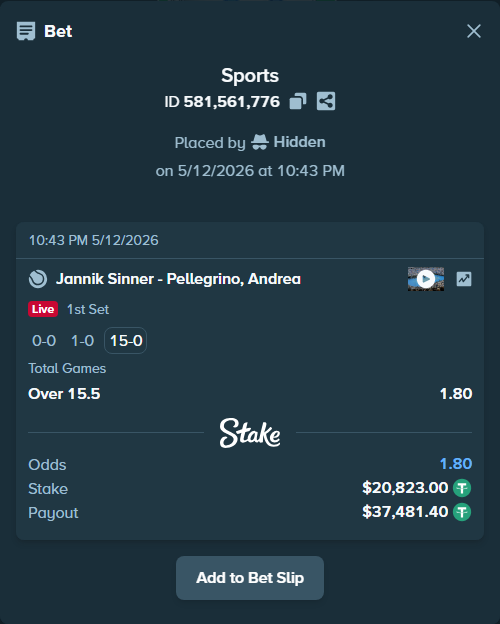 Bet slip: Jannik Sinner - Pellegrino, Andrea, $20,823.00 stake at 1.80 odds, placed by Hidden