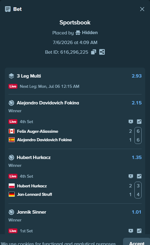 Bet slip: Jannik Sinner - Shintaro Mochizuki, $10,000.00 stake at 1.01 odds, placed by Hidden