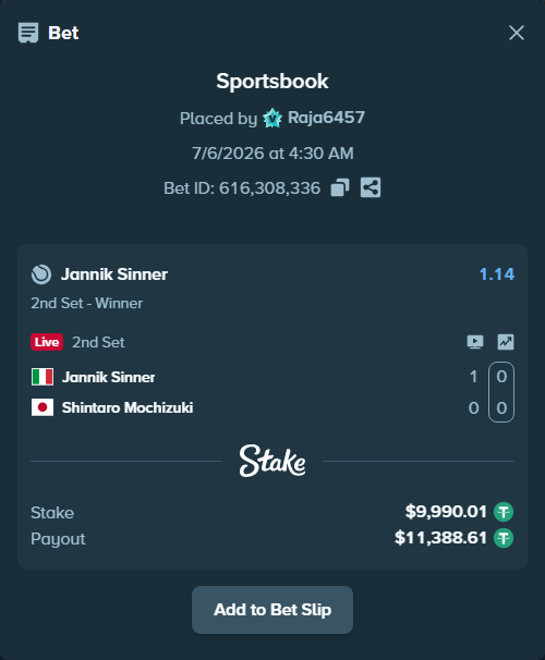 Bet slip: Jannik Sinner - Shintaro Mochizuki, $10,000.00 stake at 1.14 odds, placed by Raja6457