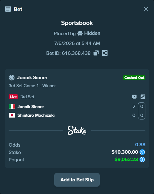 Bet slip: Jannik Sinner - Shintaro Mochizuki, $10,300.00 stake at 2.45 odds, placed by Hidden