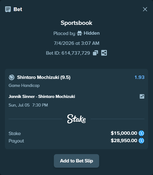Bet slip: Jannik Sinner - Shintaro Mochizuki, $15,000.00 stake at 1.93 odds, placed by Hidden
