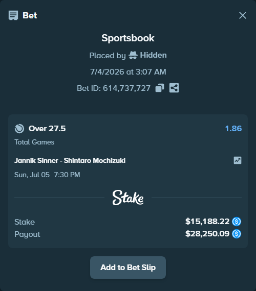 Bet slip: Jannik Sinner - Shintaro Mochizuki, $15,188.22 stake at 1.86 odds, placed by Hidden