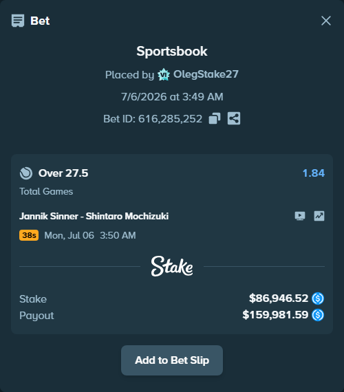Bet slip: Jannik Sinner - Shintaro Mochizuki, $86,946.52 stake at 1.84 odds, placed by OlegStake27