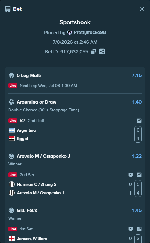Bet slip: Jansen, William - Gill, Felix, $10,085.83 stake at 1.45 odds, placed by Prettylfacko98