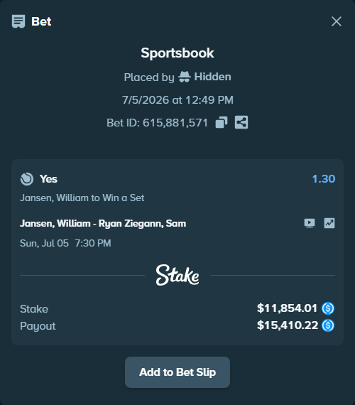 Bet slip: Jansen, William - Ryan Ziegann, Sam, $11,854.01 stake at 1.30 odds, placed by Hidden