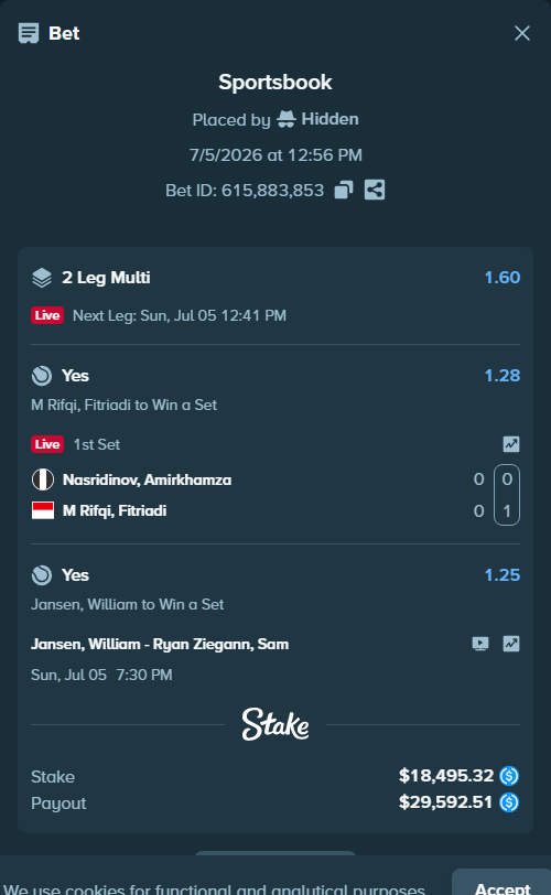 Bet slip: Jansen, William - Ryan Ziegann, Sam, $18,495.32 stake at 1.25 odds, placed by Hidden