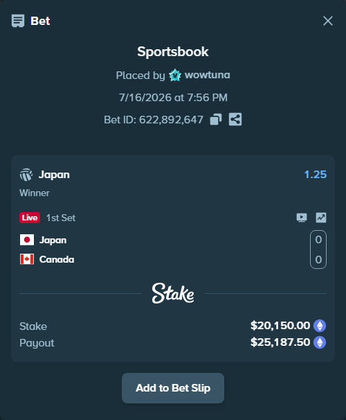Bet slip: Japan - Canada, $20,332.98 stake at 1.25 odds, placed by wowtuna
