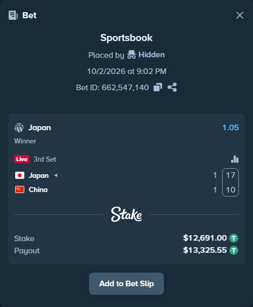 Bet slip: Japan - China, $12,691.00 stake at 1.05 odds, placed by 진라면먹고싶다