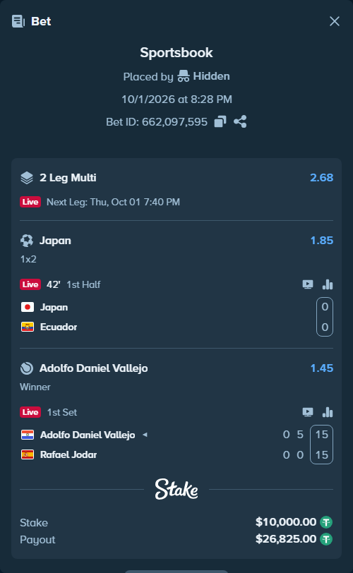 Bet slip: Japan - Ecuador, $10,000.00 stake at 1.85 odds, placed by Hidden