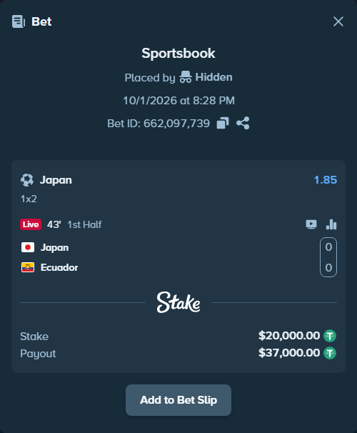 Bet slip: Japan - Ecuador, $20,000.00 stake at 1.85 odds, placed by Hidden