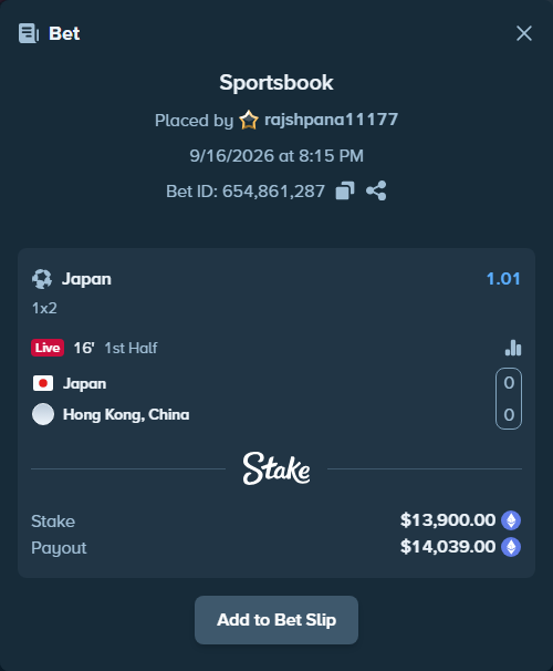 Bet slip: Japan - Hong Kong, China, $13,737.03 stake at 1.01 odds, placed by rajshpana11177